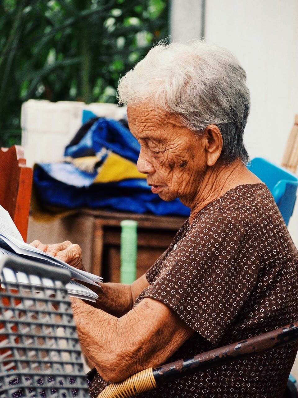 Concentrated Elderly Expat Reading Brochure Outside - Challenges and Solutions